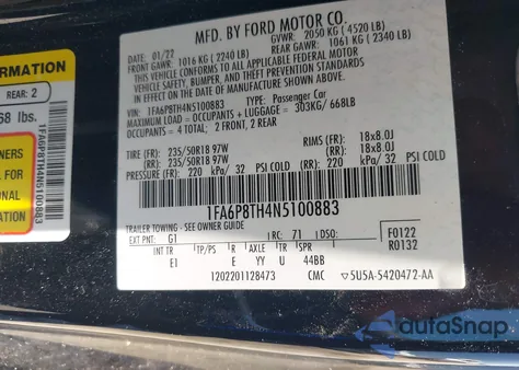 2022 Ford Mustang Ecoboost Premium Fastback from USA, damaged, VIN 1FA6P8TH4N5100883
